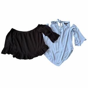 BCBGMAXAZRIA Women's Off the Shoulder Tops Lot of Two M Blue Black OfficeWear